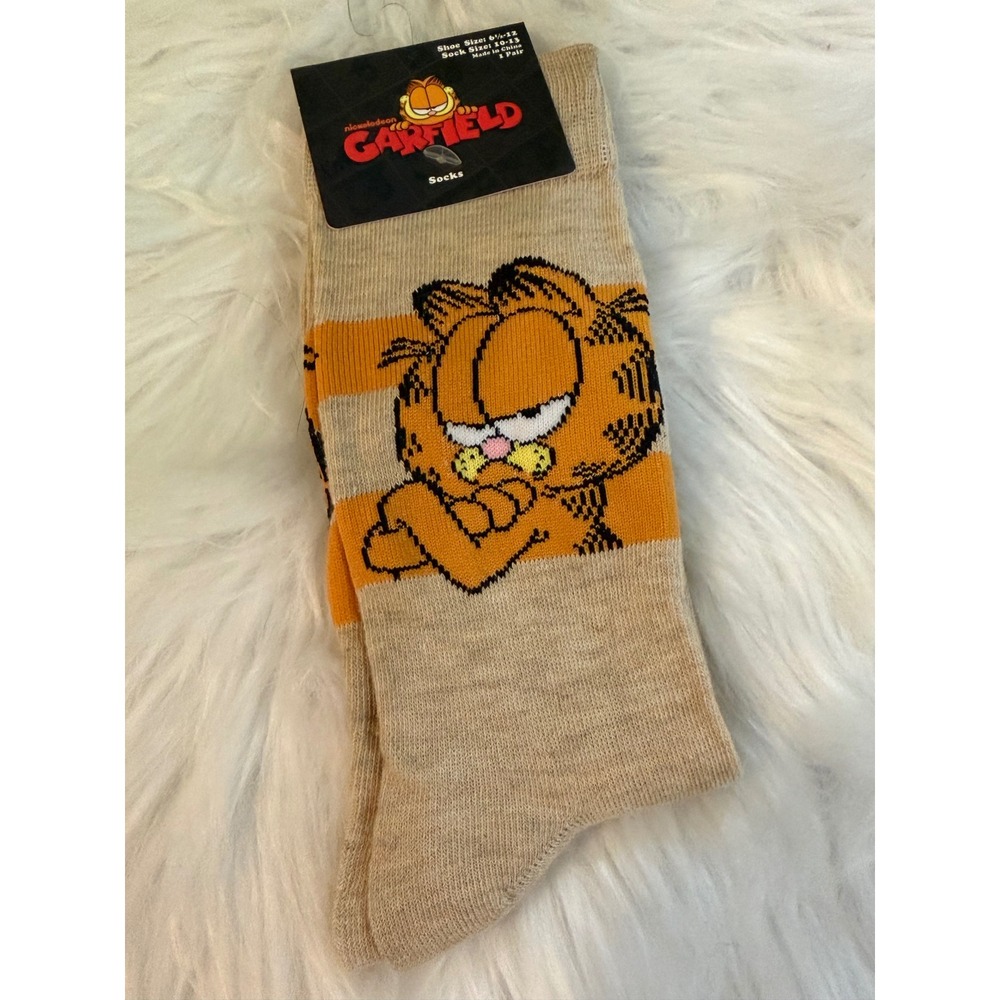 Nickelodeon Garfield I Don't Do Perky Crew Socks Tan Orange Striped Men 6.5-12